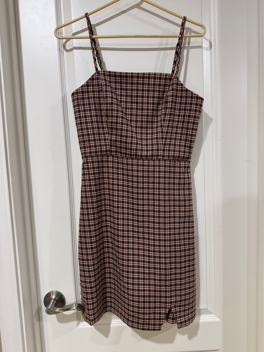 GB girls Brown Plaid Spaghetti-Strap Mini Dress with Subtle Cream Lines / AA43
